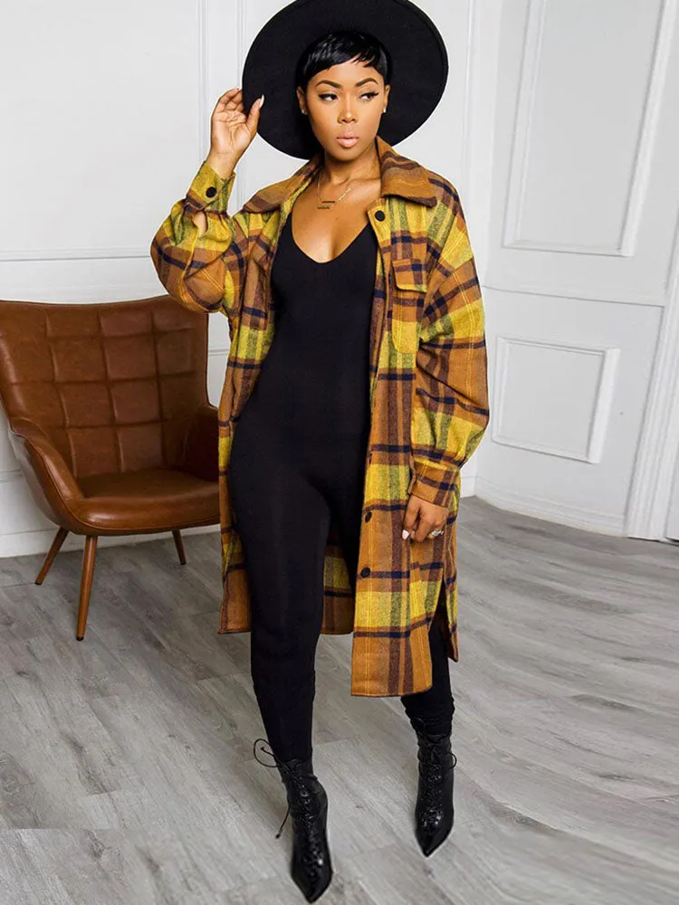 Long Sleeves Lapel Plaid Print Long Coats