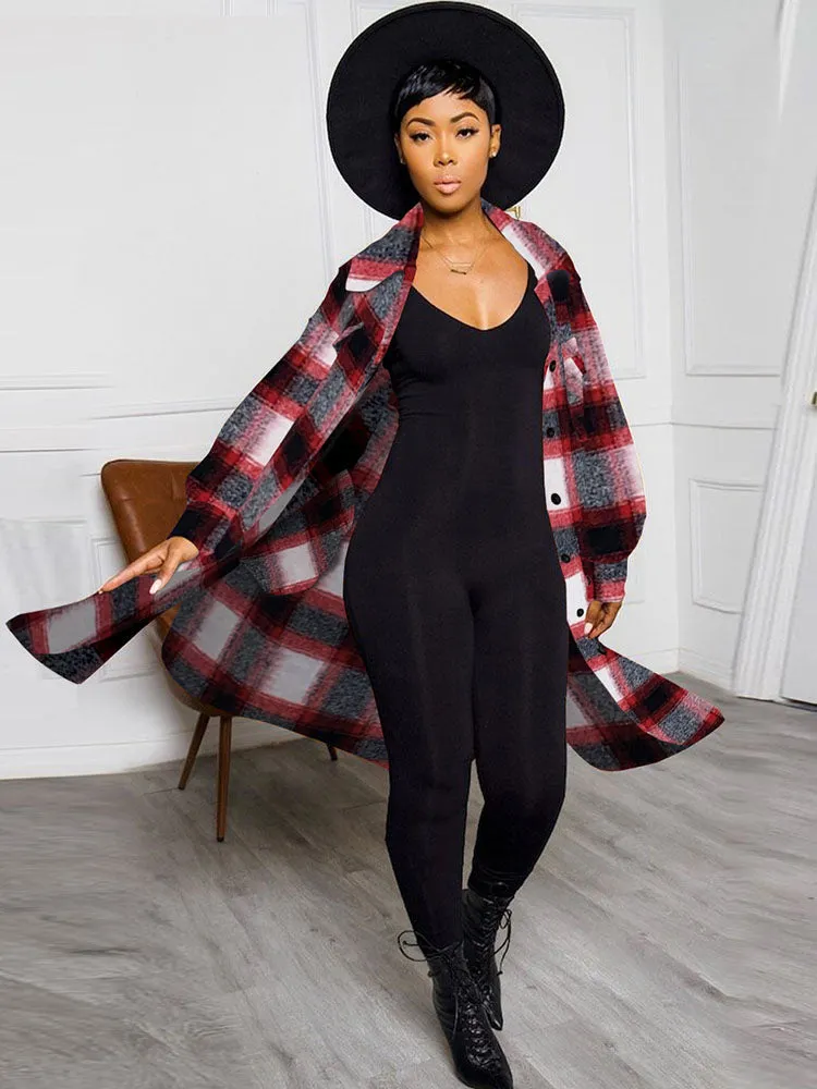 Long Sleeves Lapel Plaid Print Long Coats