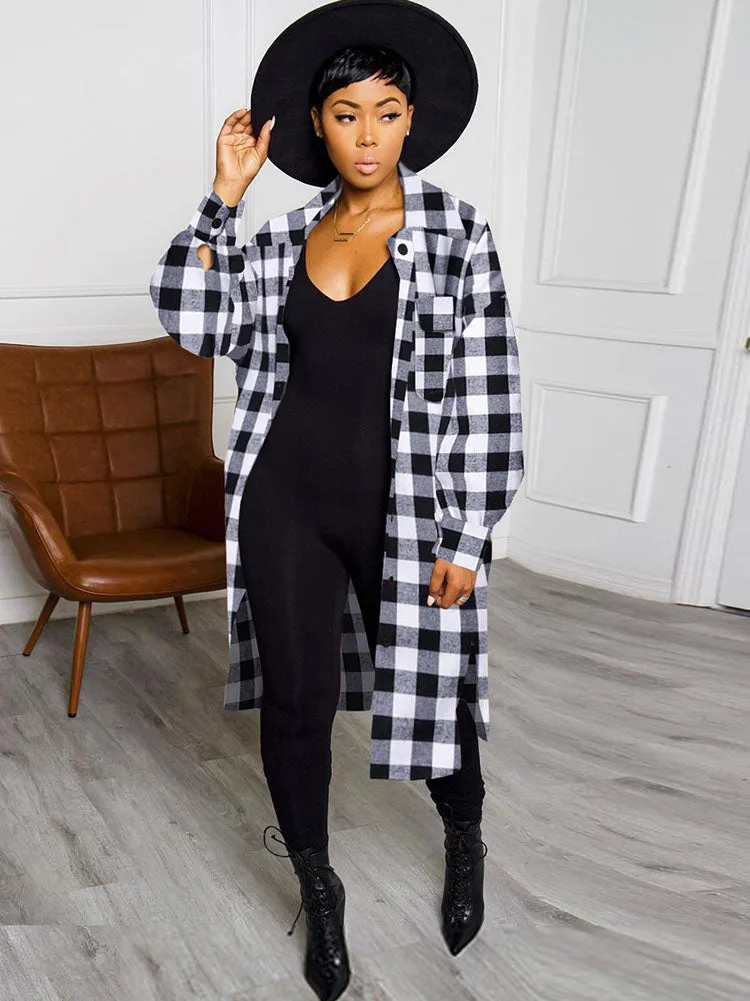 Long Sleeves Lapel Plaid Print Long Coats