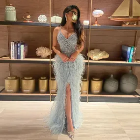 Luxury Beaded Blue Mermaid Feathers Prom Dress SS004