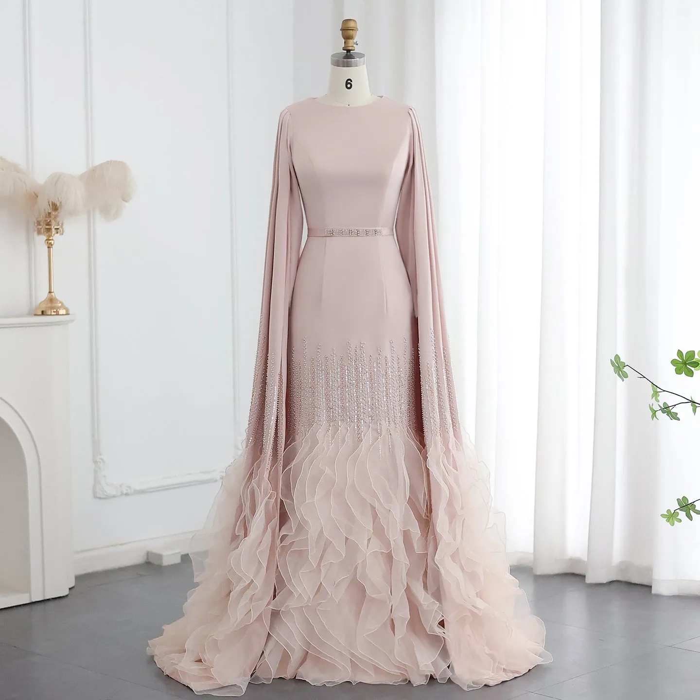 Luxury Nude Ruffles Evening Dress with Cape Sleeves SS440