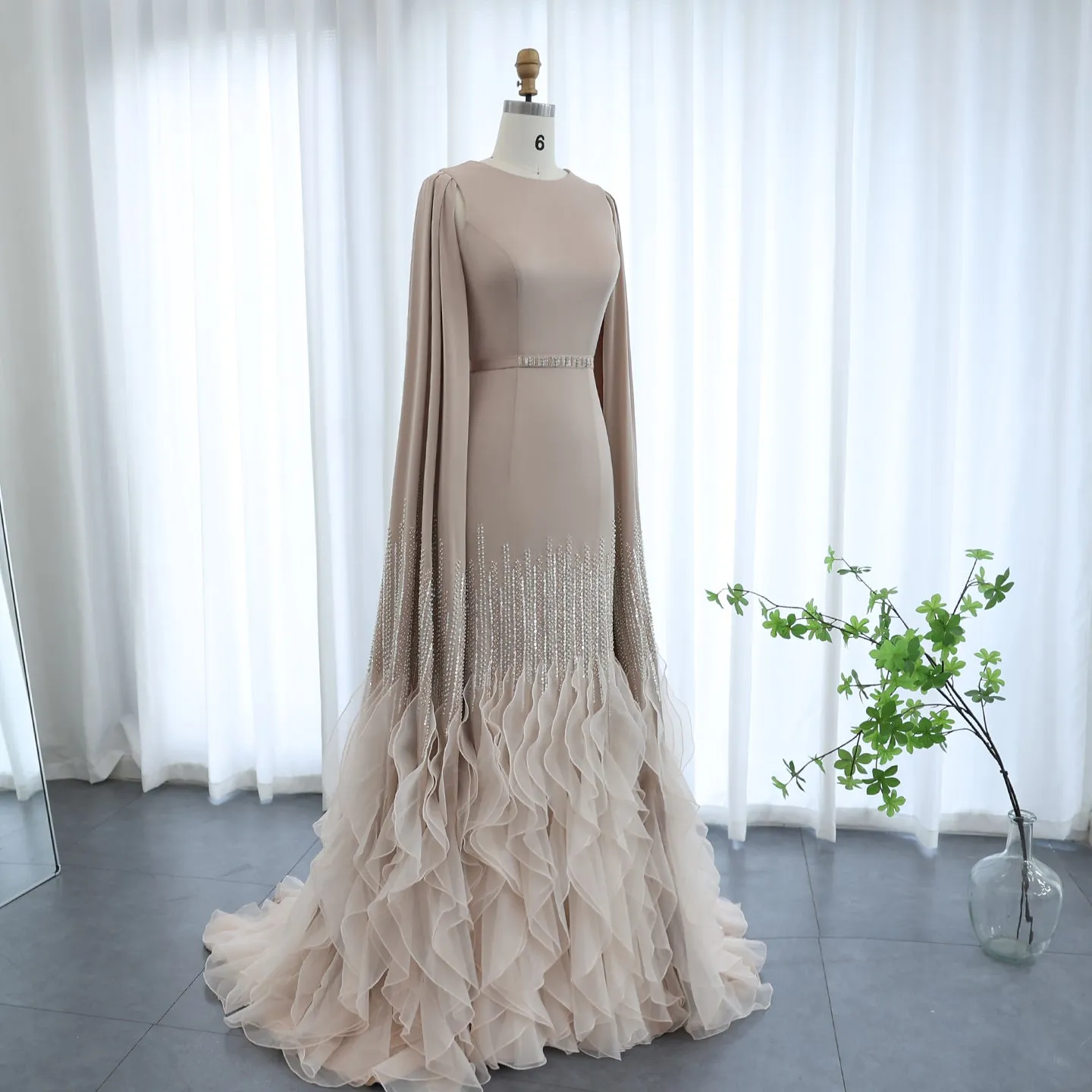 Luxury Nude Ruffles Evening Dress with Cape Sleeves SS440