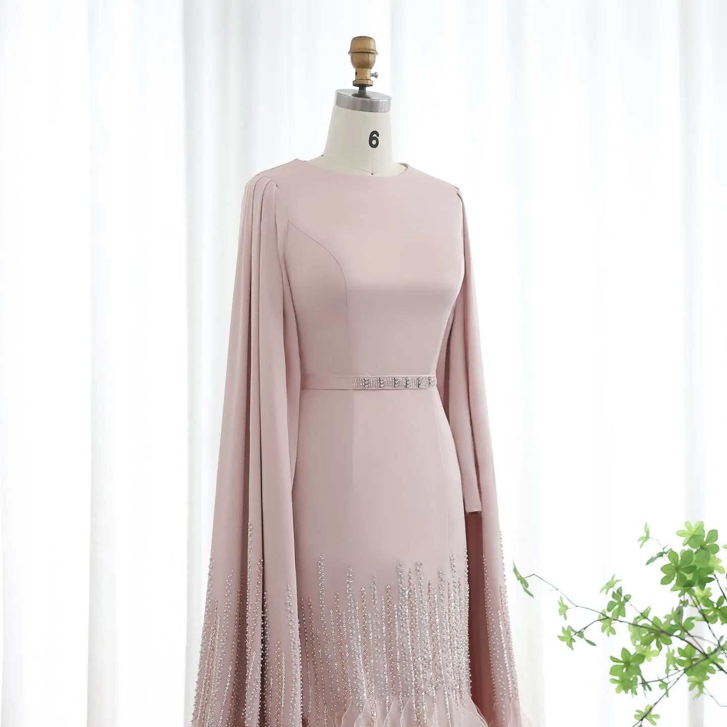 Luxury Nude Ruffles Evening Dress with Cape Sleeves SS440