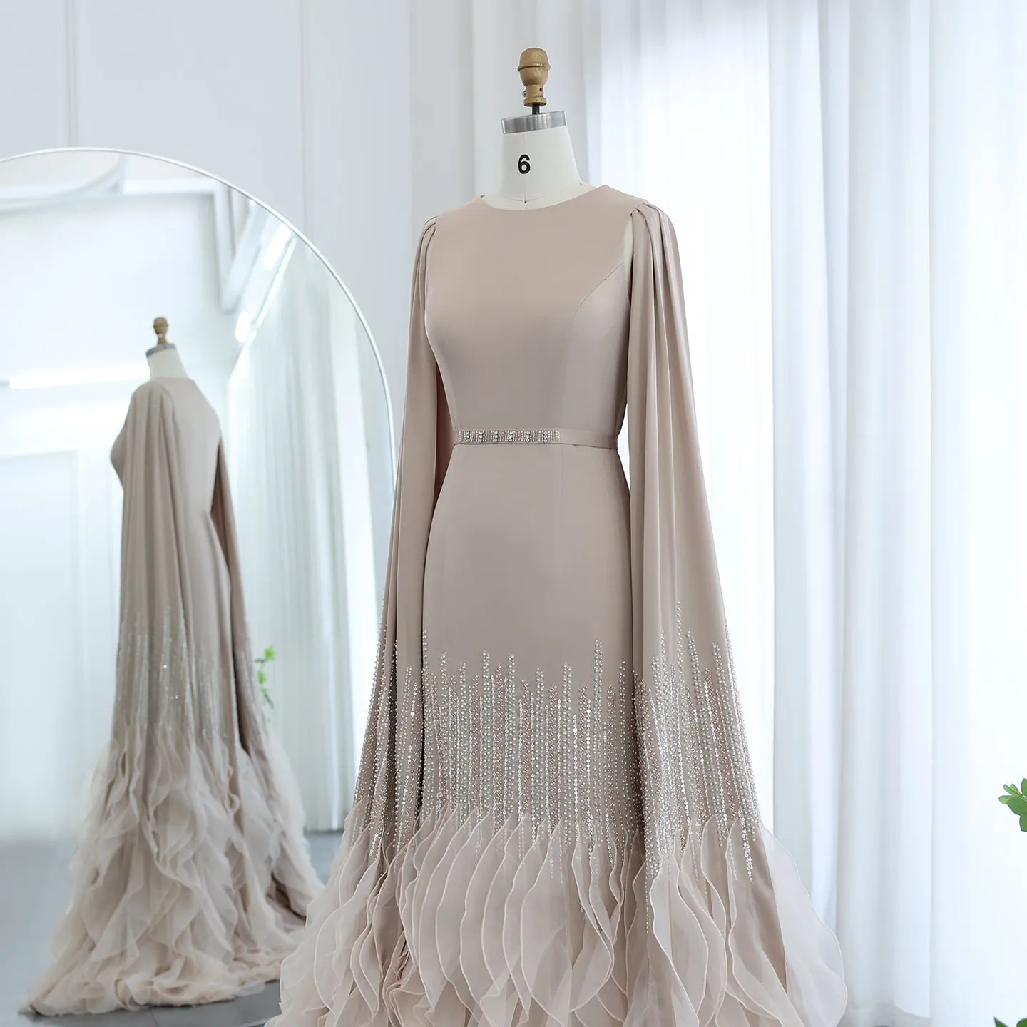 Luxury Nude Ruffles Evening Dress with Cape Sleeves SS440