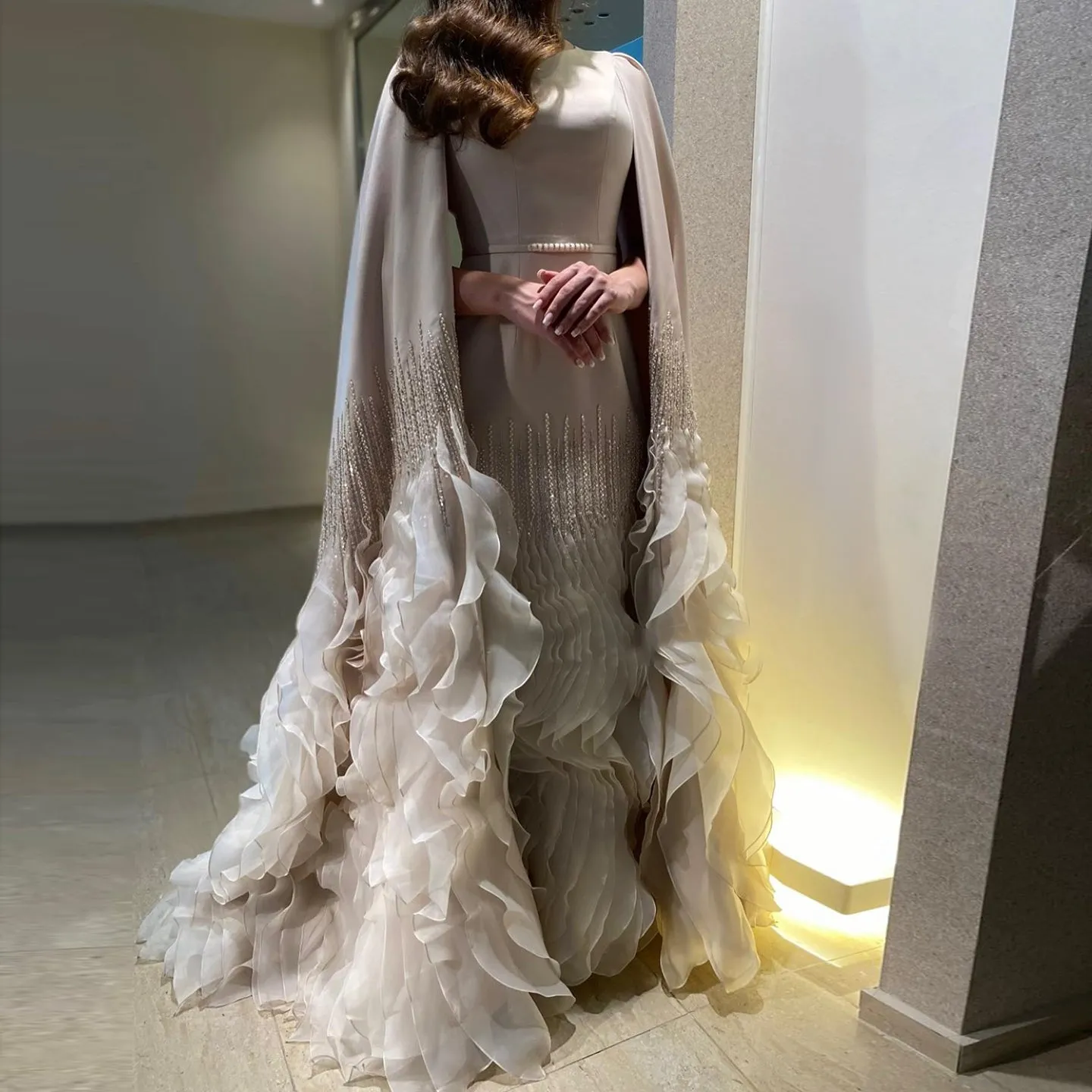 Luxury Nude Ruffles Evening Dress with Cape Sleeves SS440