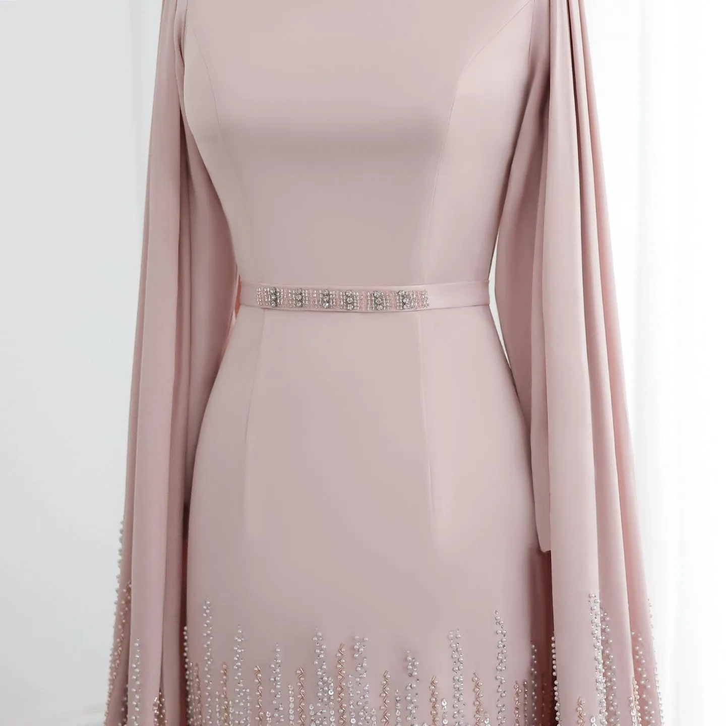 Luxury Nude Ruffles Evening Dress with Cape Sleeves SS440