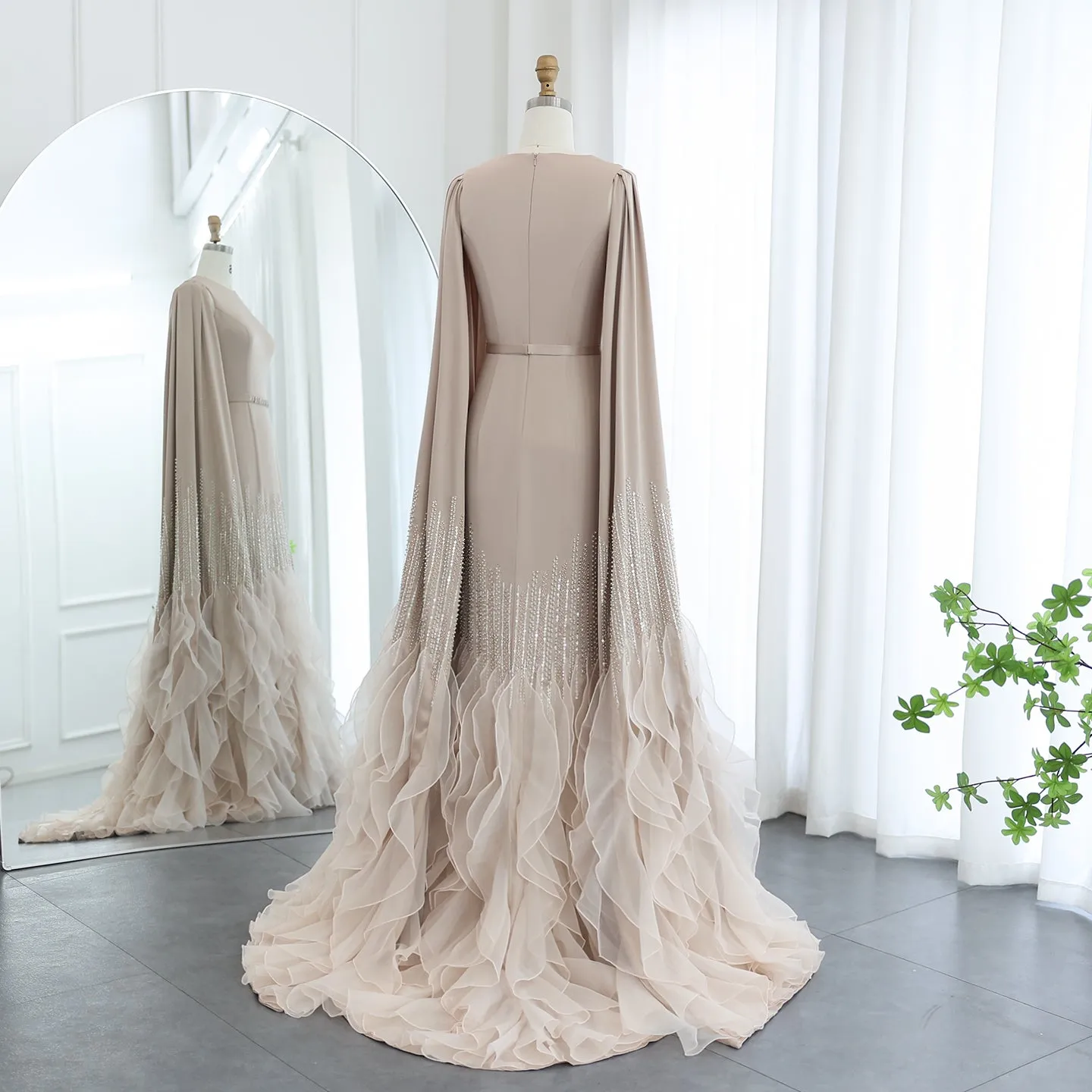 Luxury Nude Ruffles Evening Dress with Cape Sleeves SS440