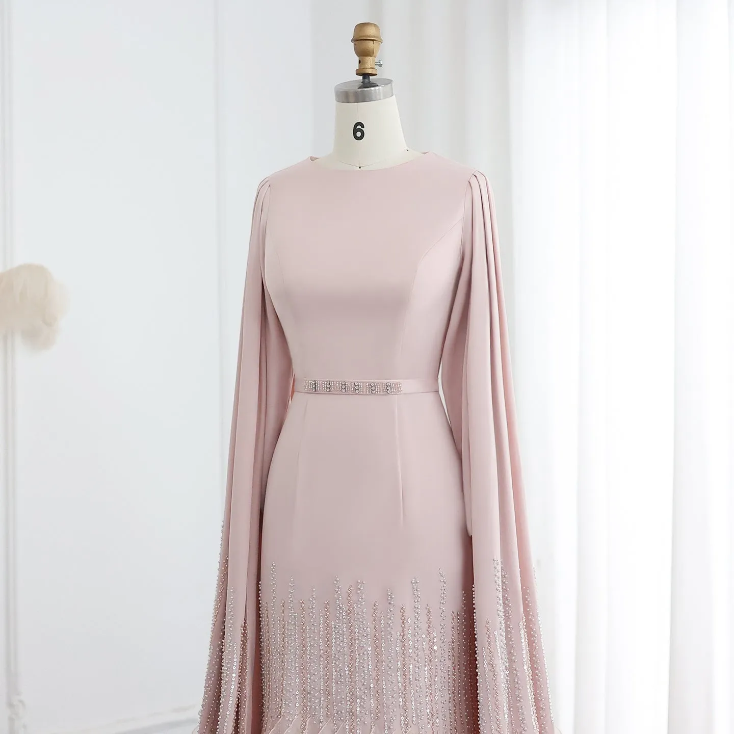 Luxury Nude Ruffles Evening Dress with Cape Sleeves SS440