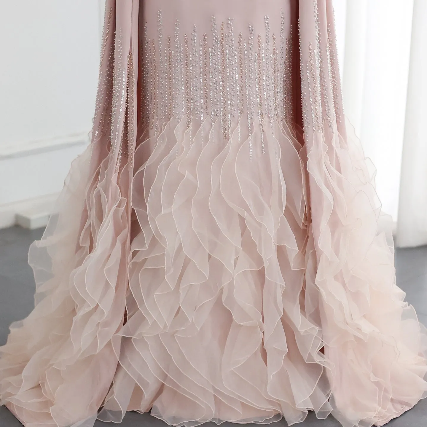 Luxury Nude Ruffles Evening Dress with Cape Sleeves SS440