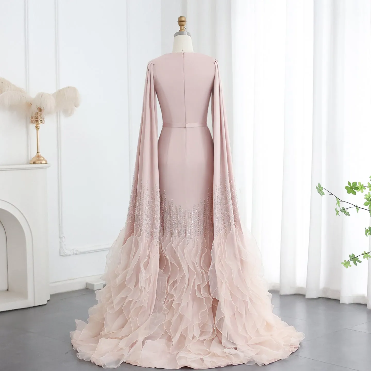 Luxury Nude Ruffles Evening Dress with Cape Sleeves SS440