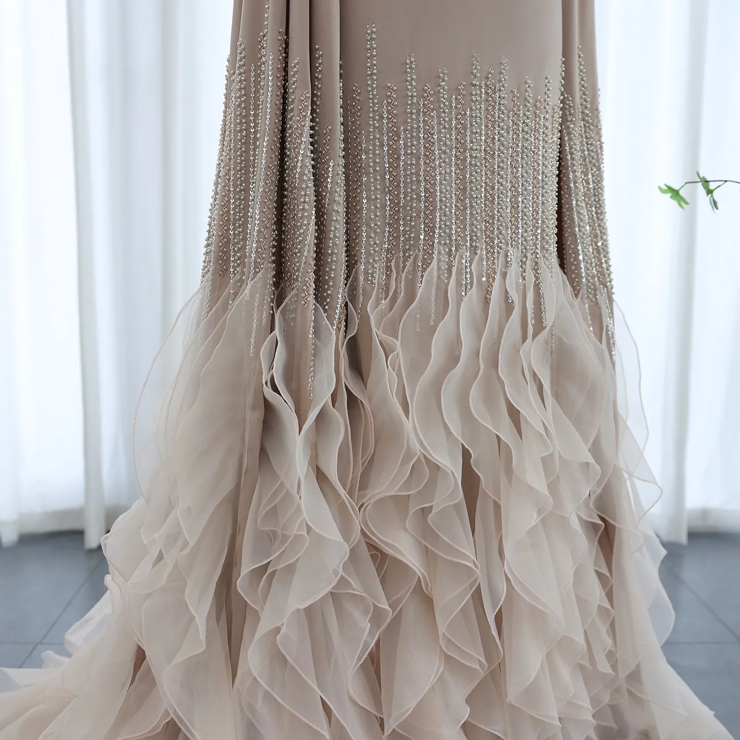 Luxury Nude Ruffles Evening Dress with Cape Sleeves SS440