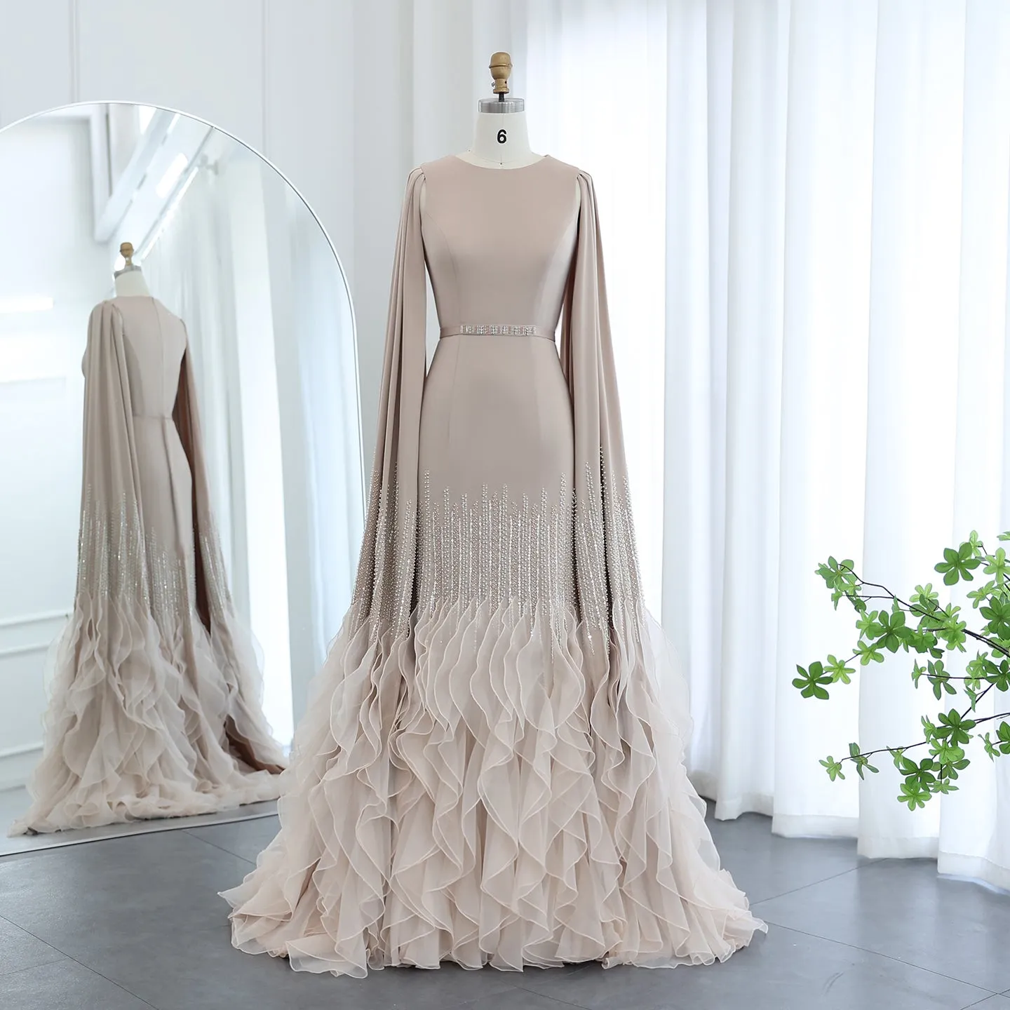 Luxury Nude Ruffles Evening Dress with Cape Sleeves SS440