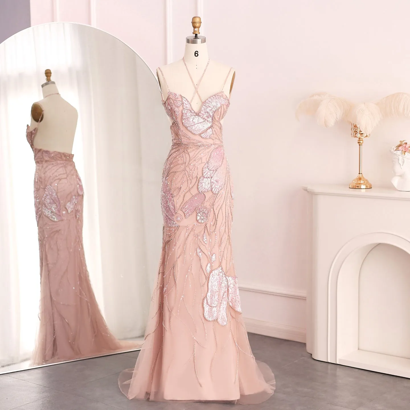 Luxury Pink Evening Dress with Feathers Scarf SS478