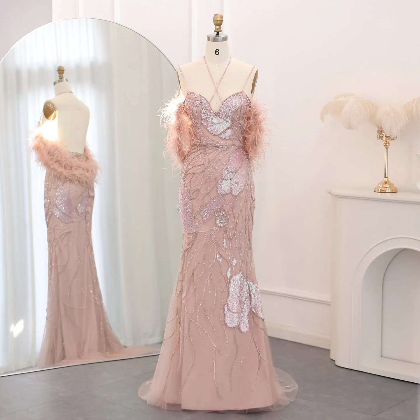 Luxury Pink Evening Dress with Feathers Scarf SS478