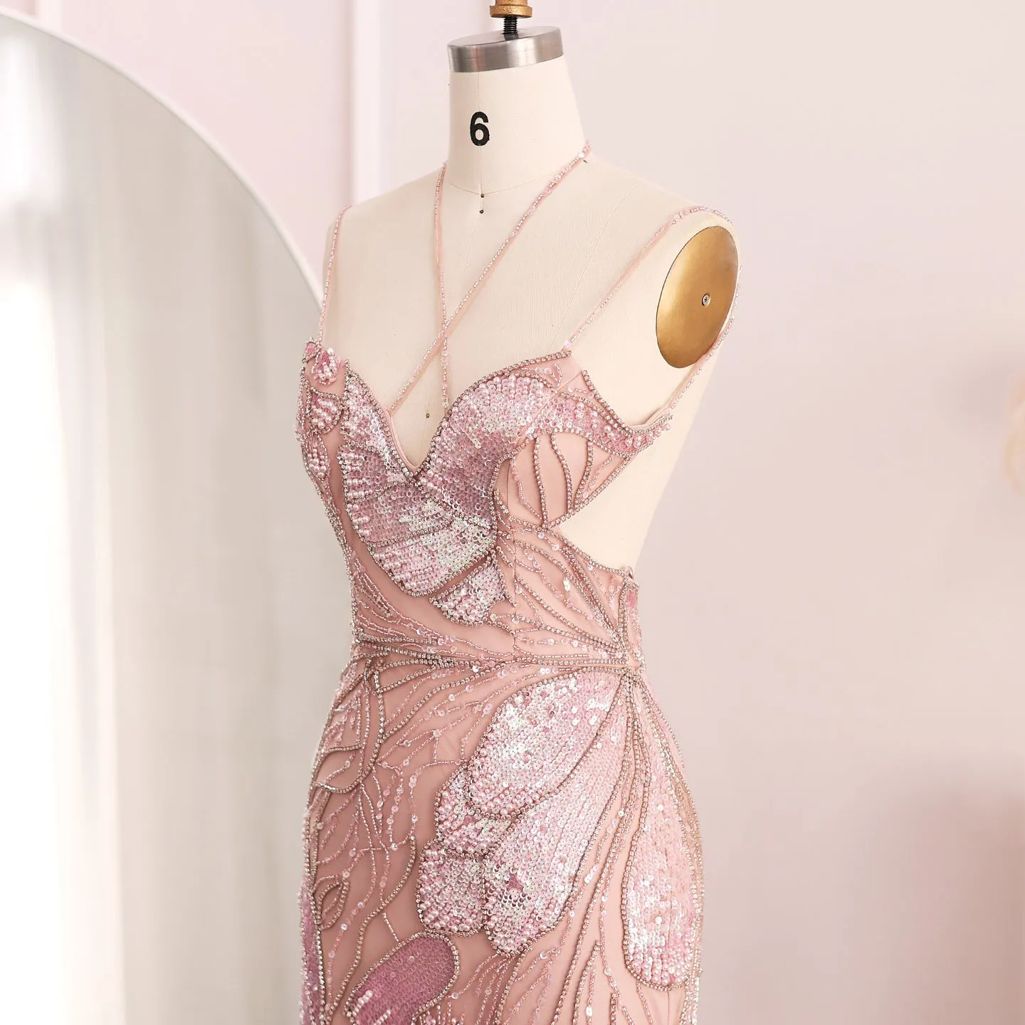 Luxury Pink Evening Dress with Feathers Scarf SS478