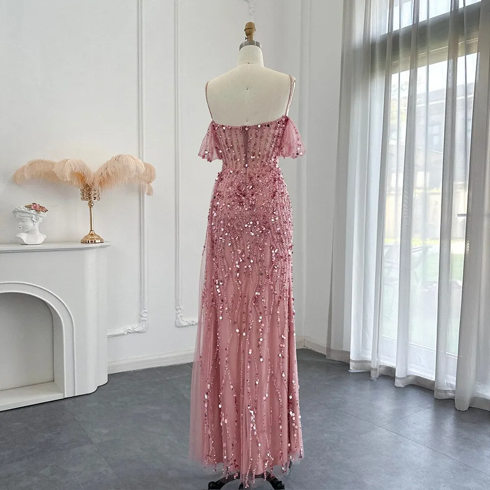 Luxury Pink Off Shoulder Evening Dress with Slit SS356