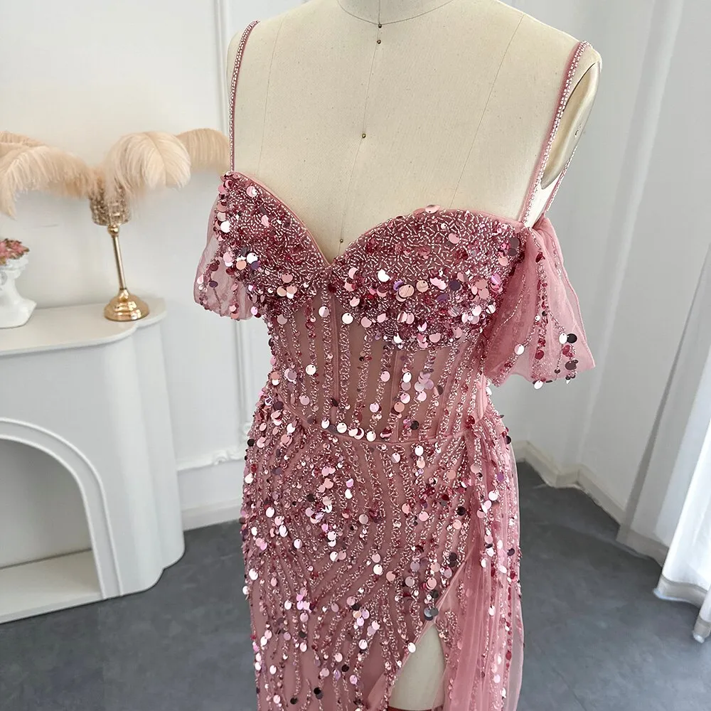 Luxury Pink Off Shoulder Evening Dress with Slit SS356