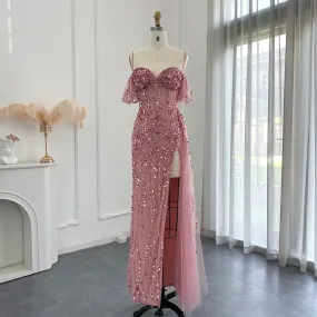 Luxury Pink Off Shoulder Evening Dress with Slit SS356