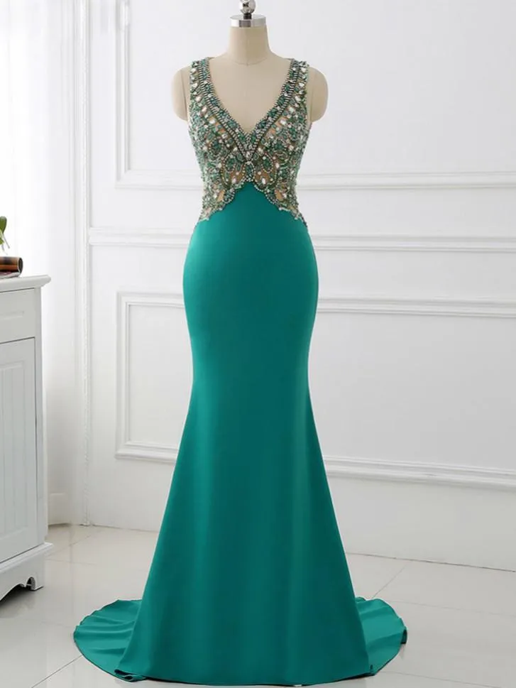 Mermaid V-neck Sweep Train Satin Rhine Stone Evening Dresses ASD27085