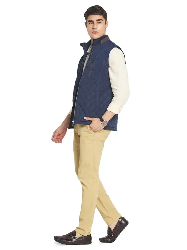 Mettle Men Navy Blue Solid Quilted Jacket