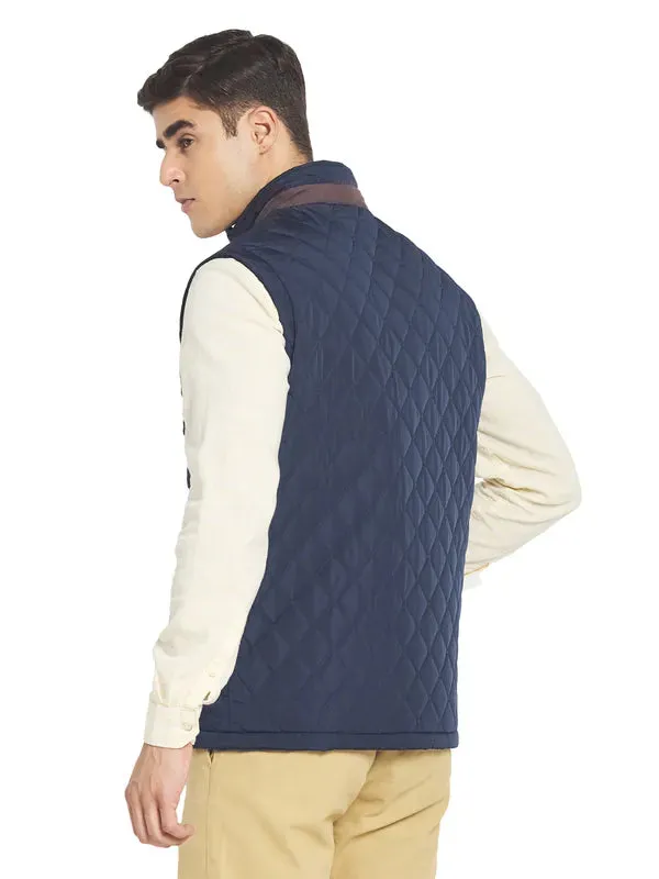 Mettle Men Navy Blue Solid Quilted Jacket