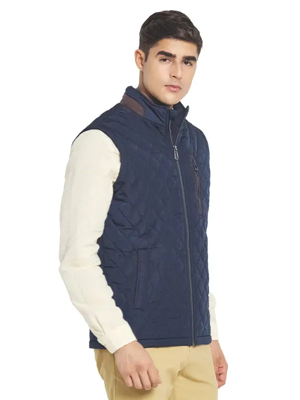 Mettle Men Navy Blue Solid Quilted Jacket