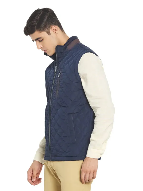 Mettle Men Navy Blue Solid Quilted Jacket