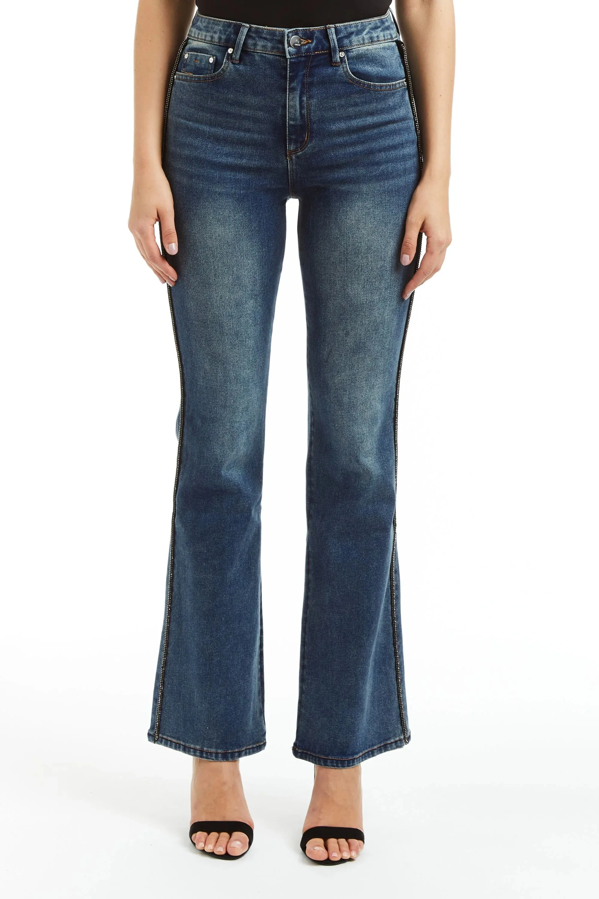 Mid Rise Bling Side Seam Piping Bootcut - Medium Indigo