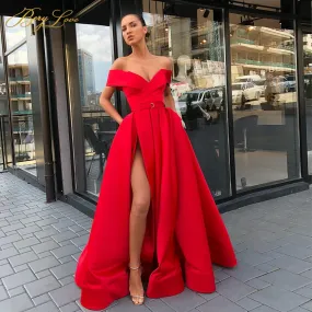 Off Shoulder Satin Evening Dresses Long Sexy High Slit Evening Gown Elegant High Waist Prom Dress Robe De Soiree