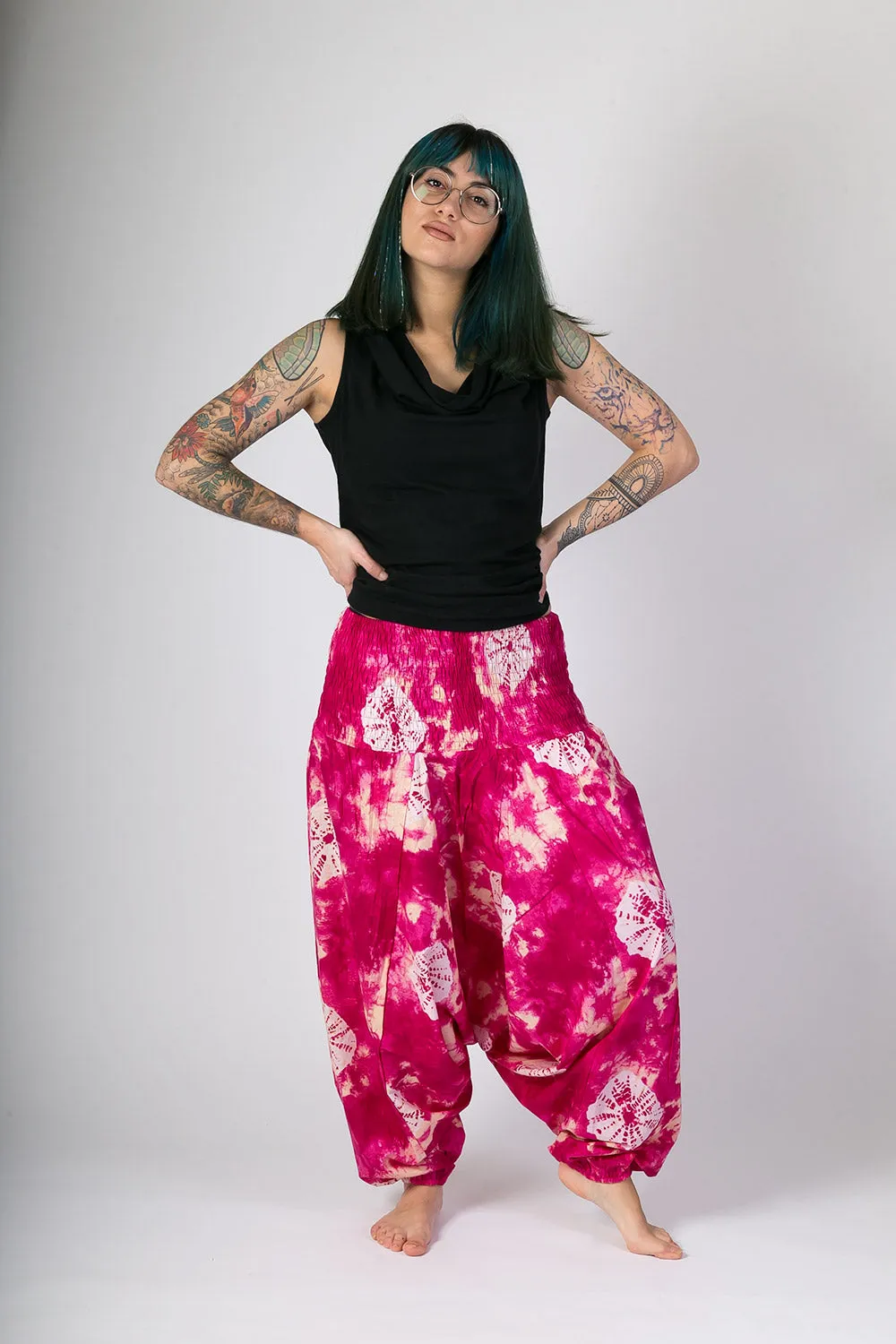 Pink Tie Dye Print Cotton Harem Yoga Jumpsuit Pants