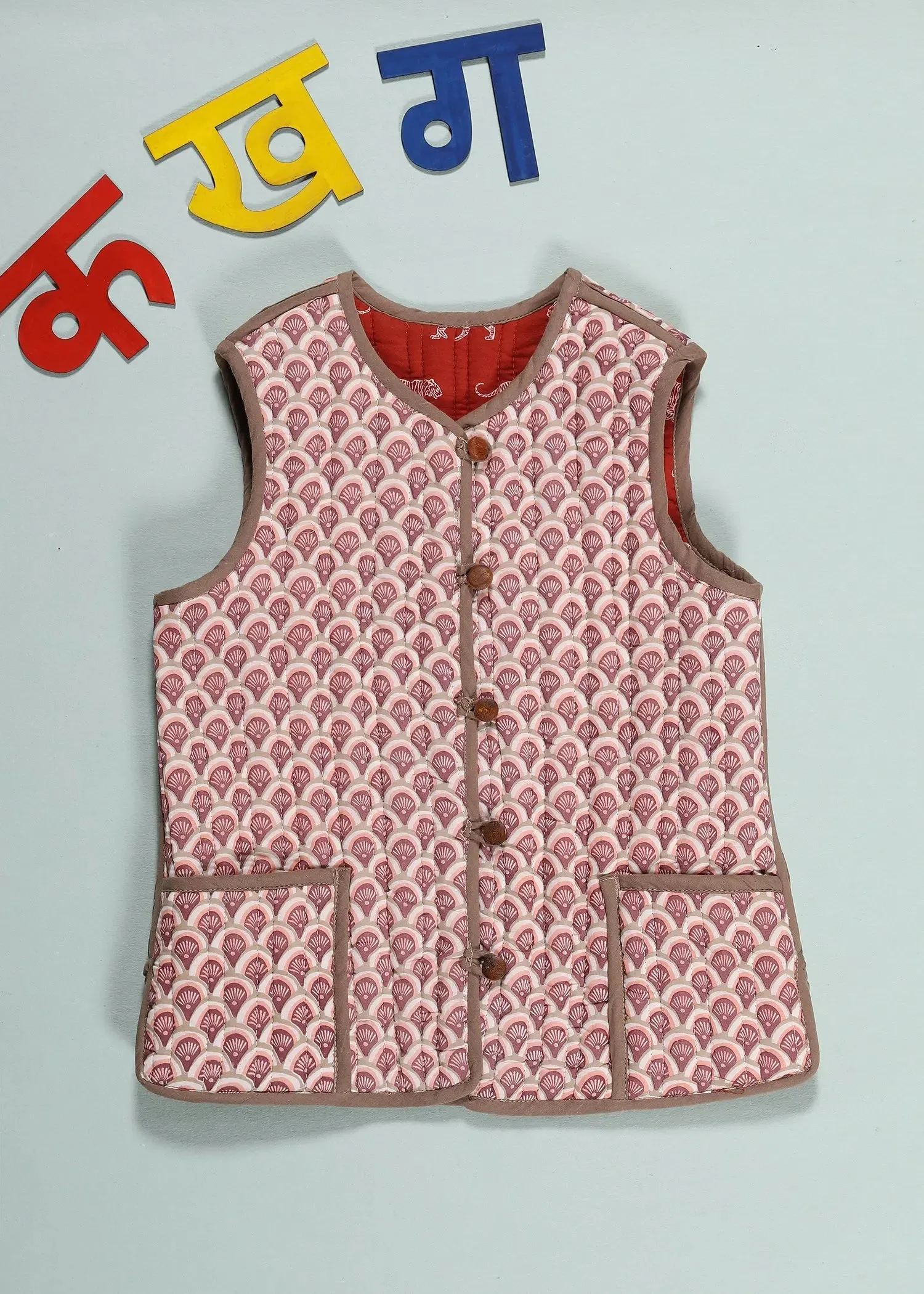 Red & Cream Quilted Cotton Reversible Bundi Jacket Unisex (0-12 Years)