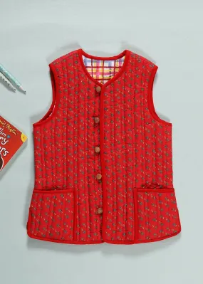 Red & Multi Quilted Cotton Reversible Bundi Jacket Unisex (0-12 Years)