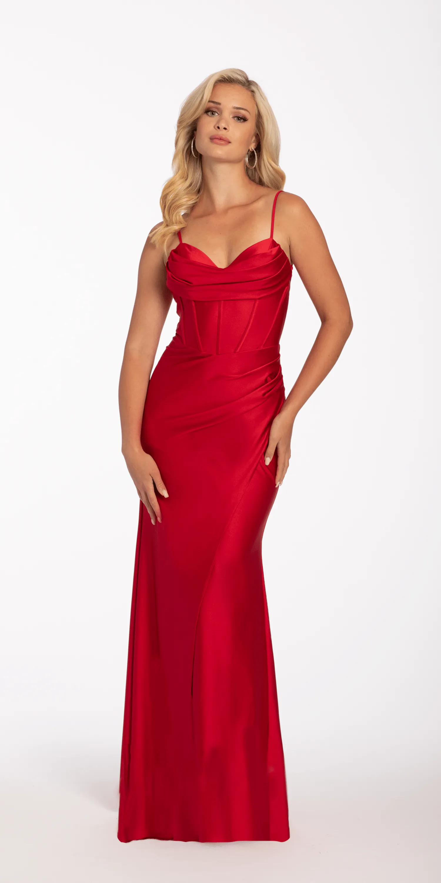 Satin Drape Corset Column Dress with Sweep Train