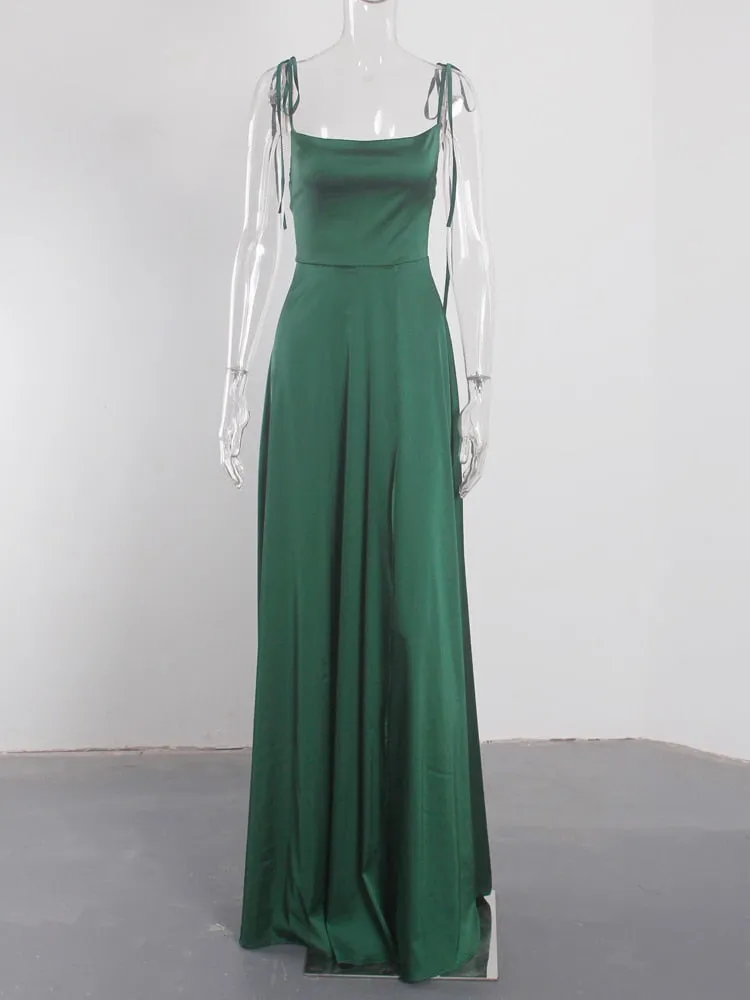 Sexy Mint Backless Lace Up Evening Party Gown Green Satin Slip Slit Leg Square Neck Summer Light Long Dresses Wedding