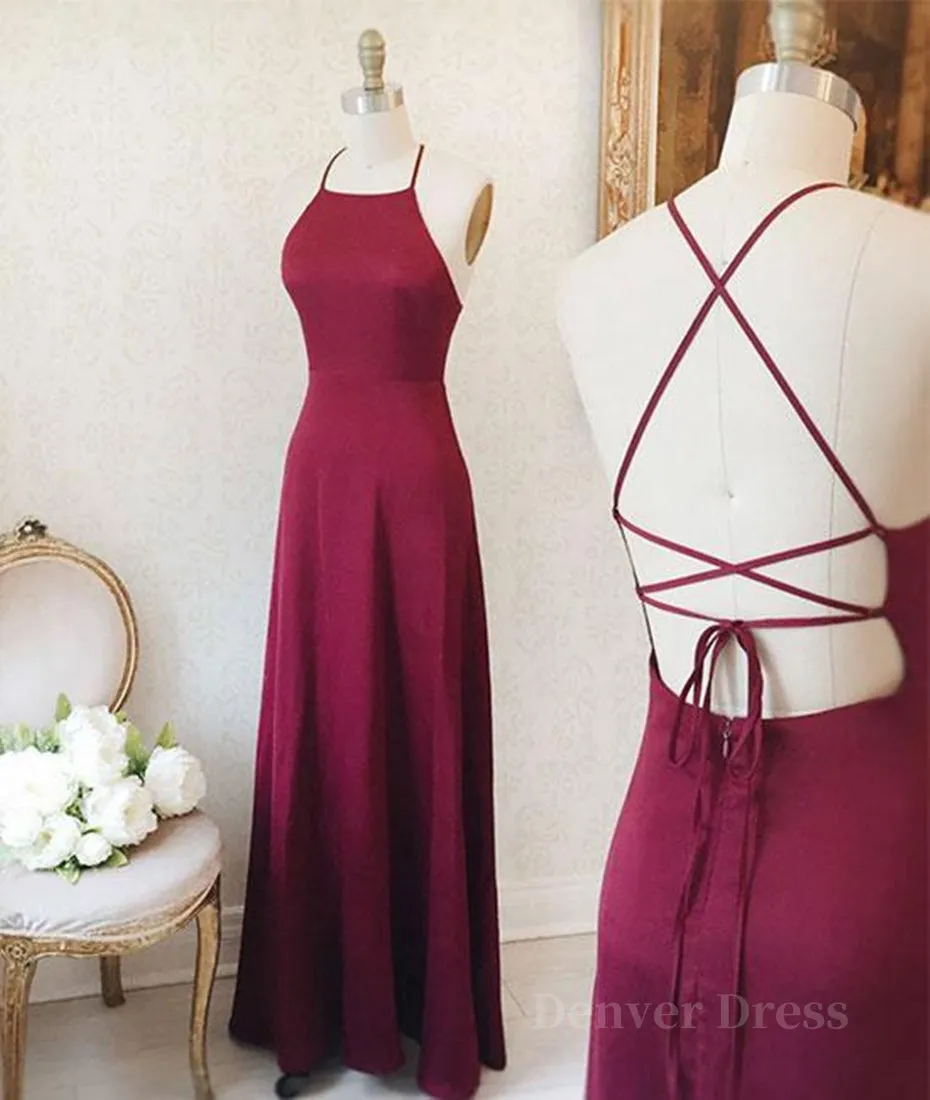 Simple A Line Backless Burgundy Satin Long Prom Dresses, Burgundy Formal Dresses, Burgundy Evening Dresses