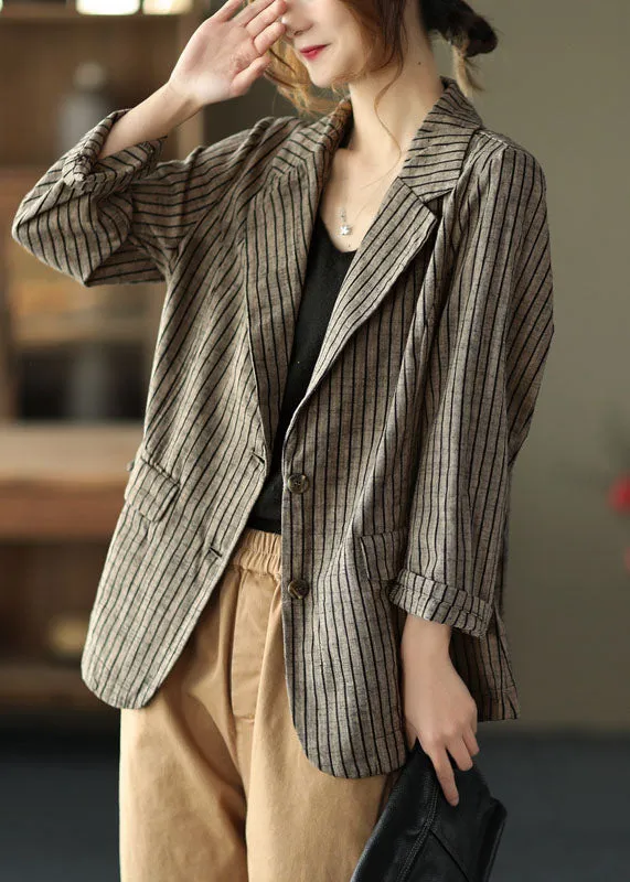 Vintage light button pockets V Neck Striped Coats Long Sleeve