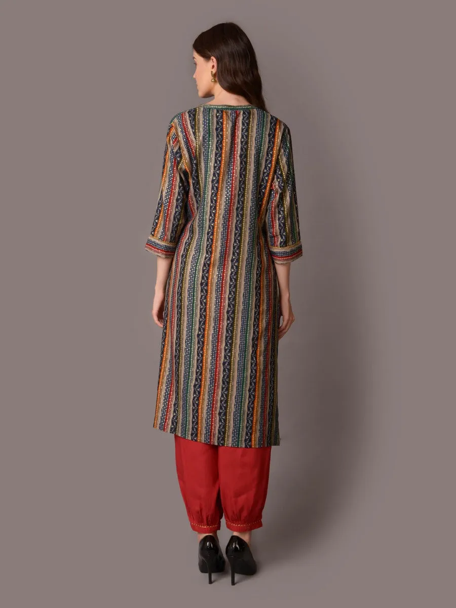 Women Blue Stripe Printed Kurta With Harem Pant