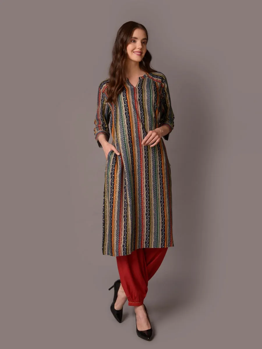 Women Blue Stripe Printed Kurta With Harem Pant