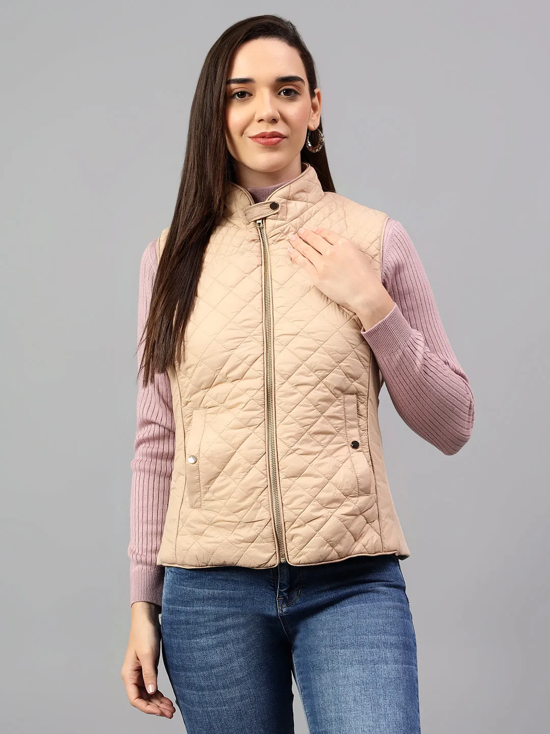 Women's Beige Solid Sleeveless Winter Jacket